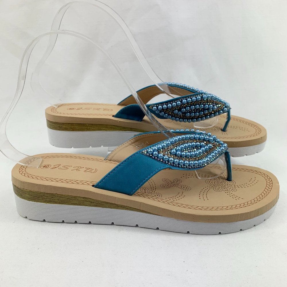 JSXW Women's Beaded Leaf-Strap Thong Sandals